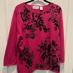 Alfred Dunner Fuchsia Top with Black Floral Accents